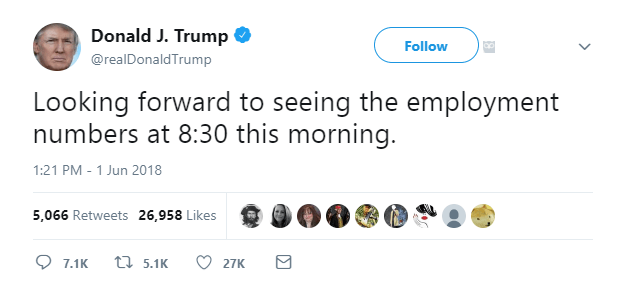 Trump tweet ahead of the NFP - the time on the Twitter screenshot is CET